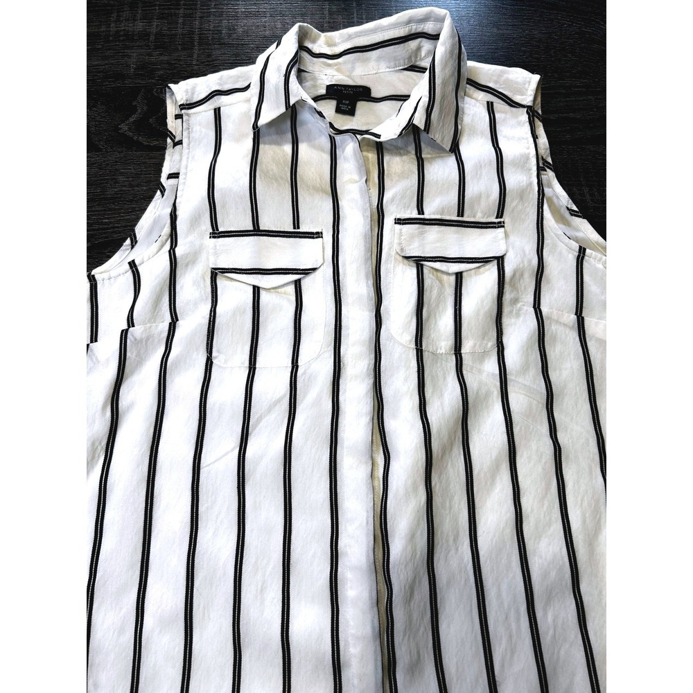 Ann Taylor Petite Black White Striped Sleeveless Button Down‎ Midi Dress Pockets